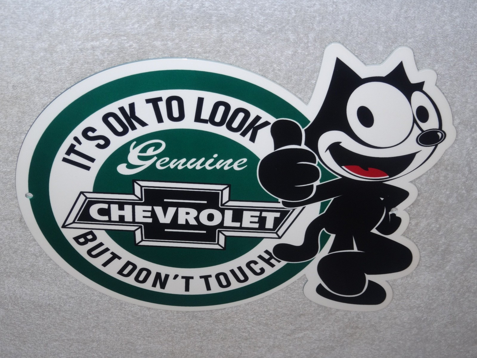 VINTAGE CHEVROLET FELIX THE CAT LOOK DONT TOUCH 12″ CAR TRUCK METAL GAS OIL SIGN