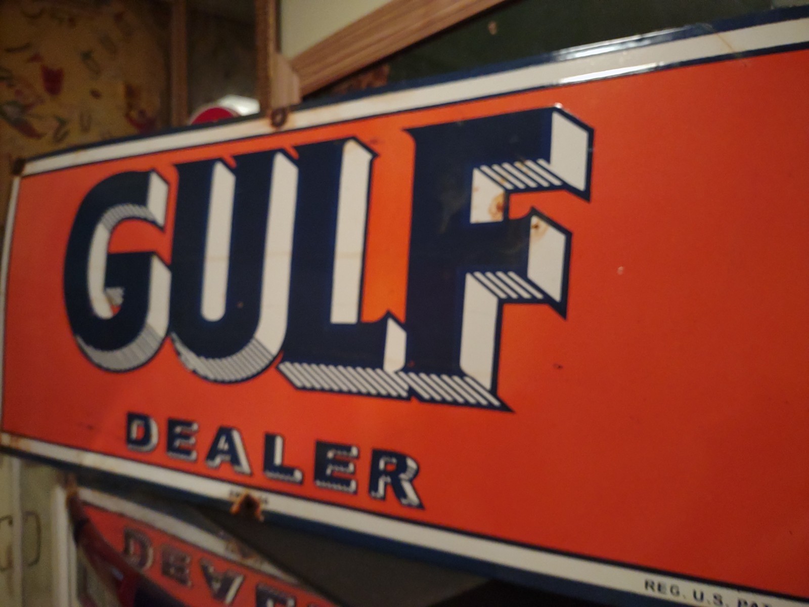 LARGE VINTAGE GULF MOTOR OIL PORCELAIN GAS OIL SERVICE STATION DEALER SIGN 3FT
