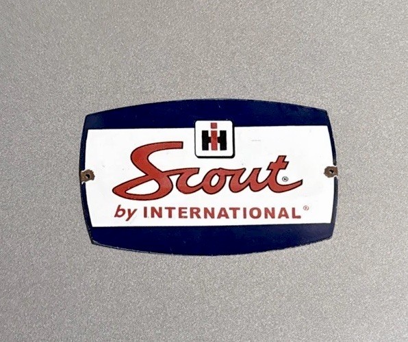 VINTAGE 12” SCOUT INTERNATIONAL HARVESTER PORCELAIN SIGN CAR GAS OIL MOTORCYCLE