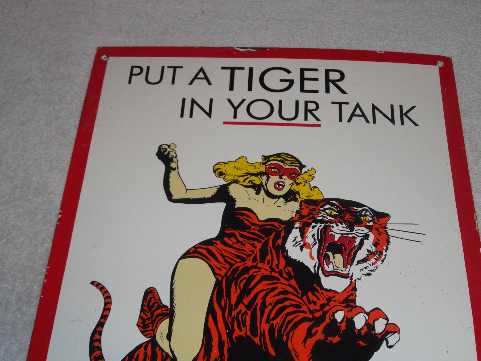 VINTAGE 1961 ESSO CAT WOMAN RIDES TIGER BATMAN & ROBIN MOVIE SHOW PORCELAIN SIGN