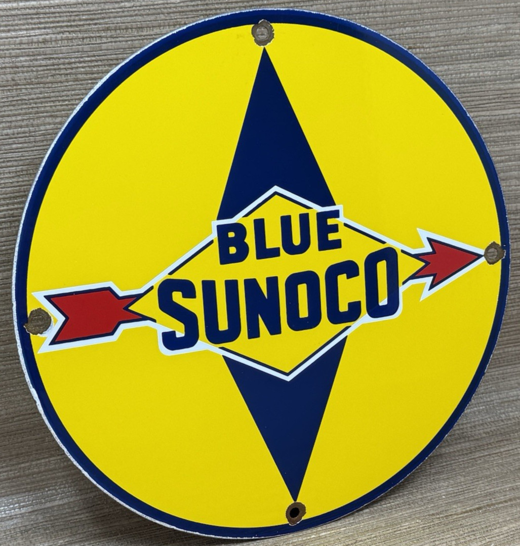 VINTAGE SUNOCO GASOLINE PORCELAIN SIGN DEALERSHIP GAS STATION MOTOR OIL BLUE