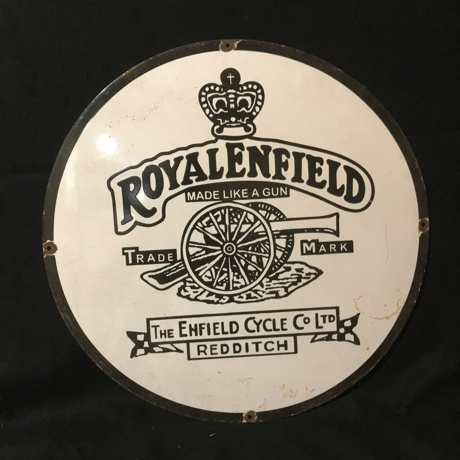 ROYAL ENFIELD REDDITCH ADVERTISING PORCELAIN ENAMEL SIGN 30 IN ROUND SS