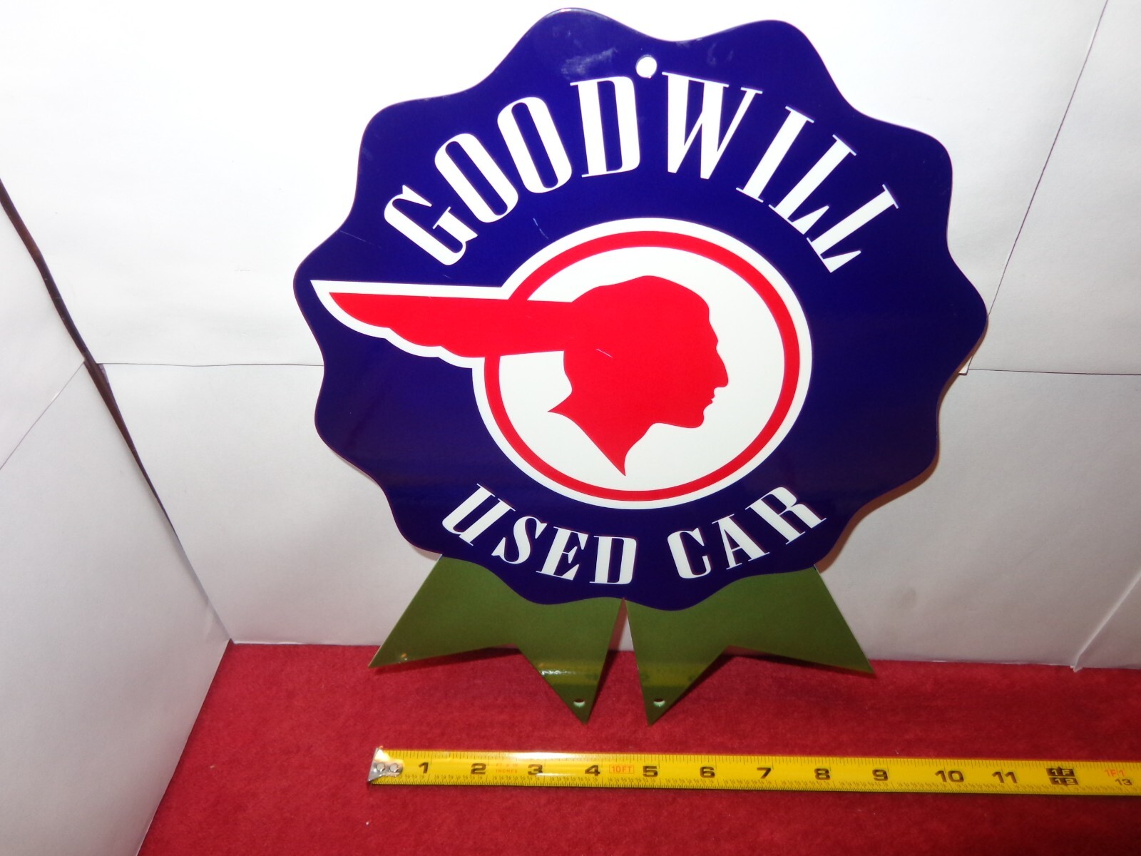 8 3/4 x 12 in GM PONTIAC GOODWILL USED CARS ADV. SIGN HEAVY DIE CUT METAL #S 30