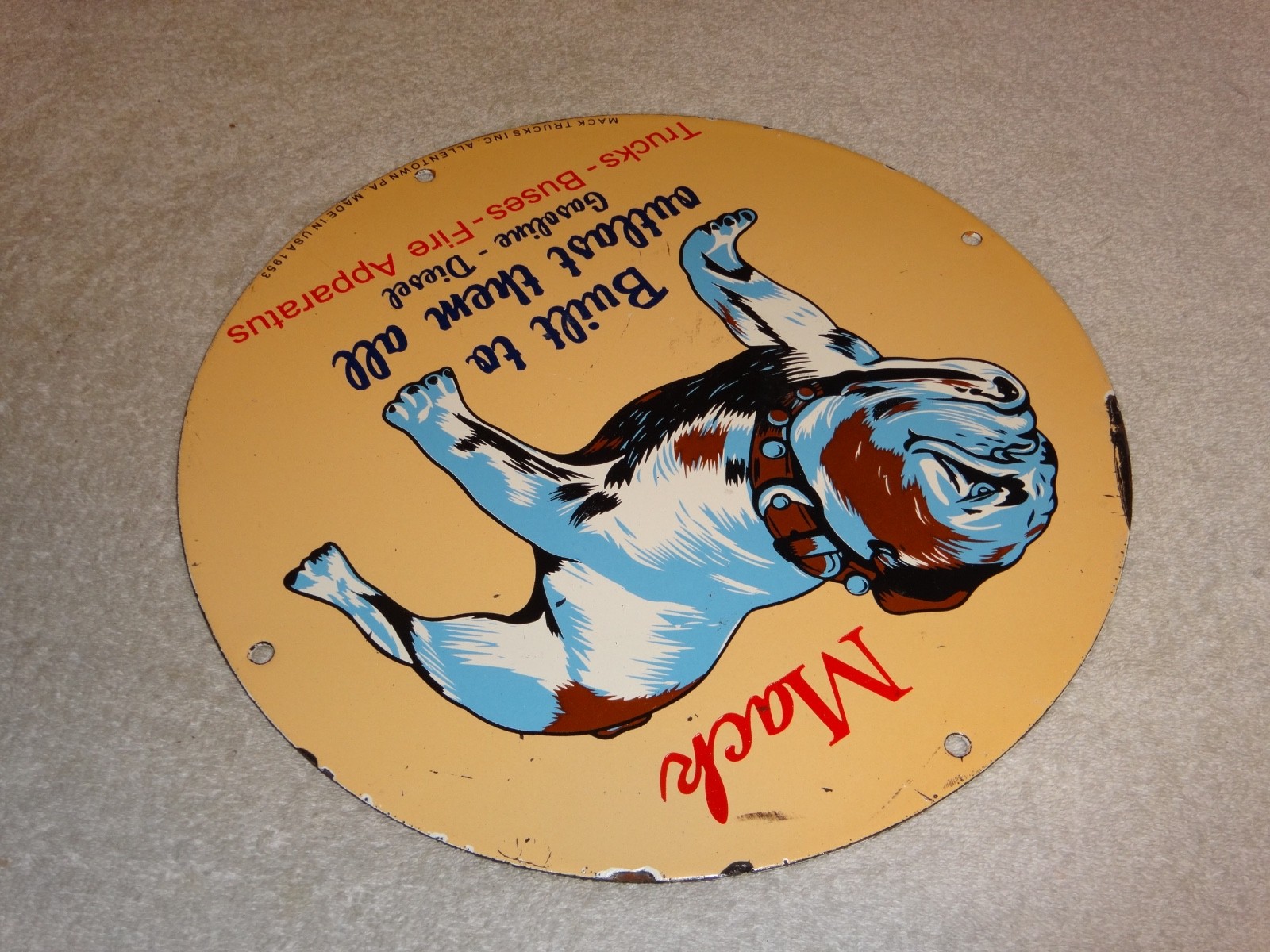 VINTAGE MACK🐶TRUCKS BUSES GASOLINE DIESEL 11 3/4″ PORCELAIN METAL OIL DOG SIGN