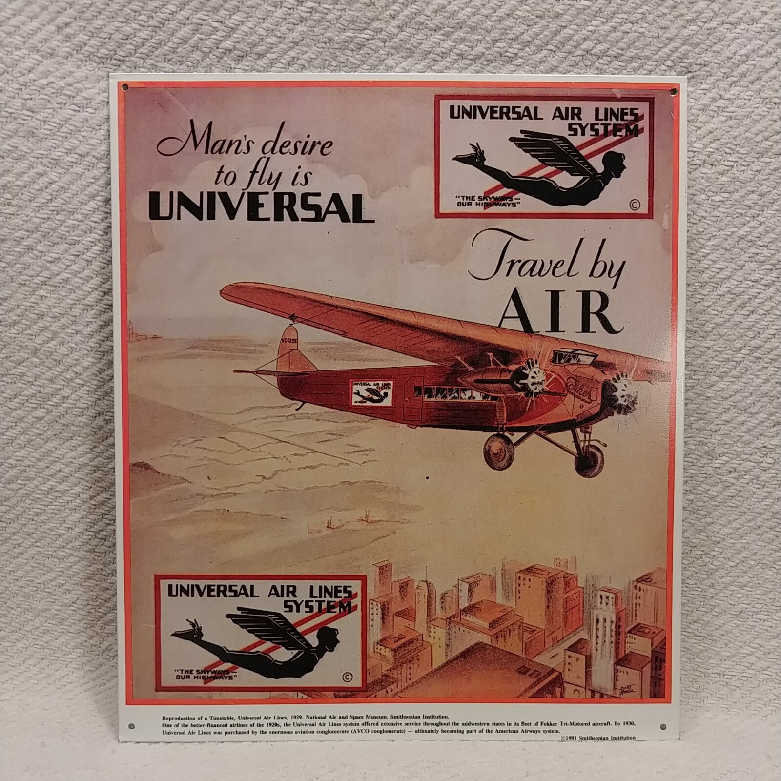 UNIVERSAL AIR LINES SYSTEM Smithsonian Reproduction Tin Sign 1991