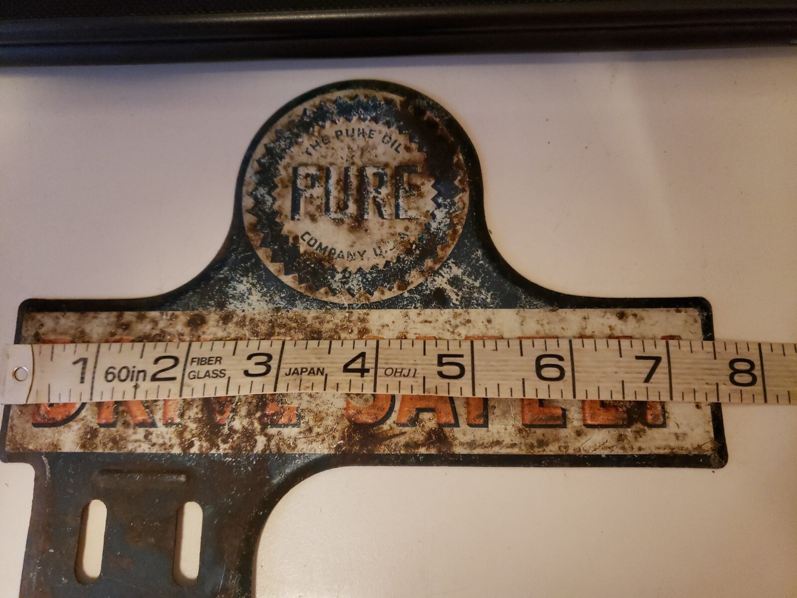 ORIGIONAL PURE OIL COMPANY PLATE TOPPER PAINTED WITH RAISED LETTERS