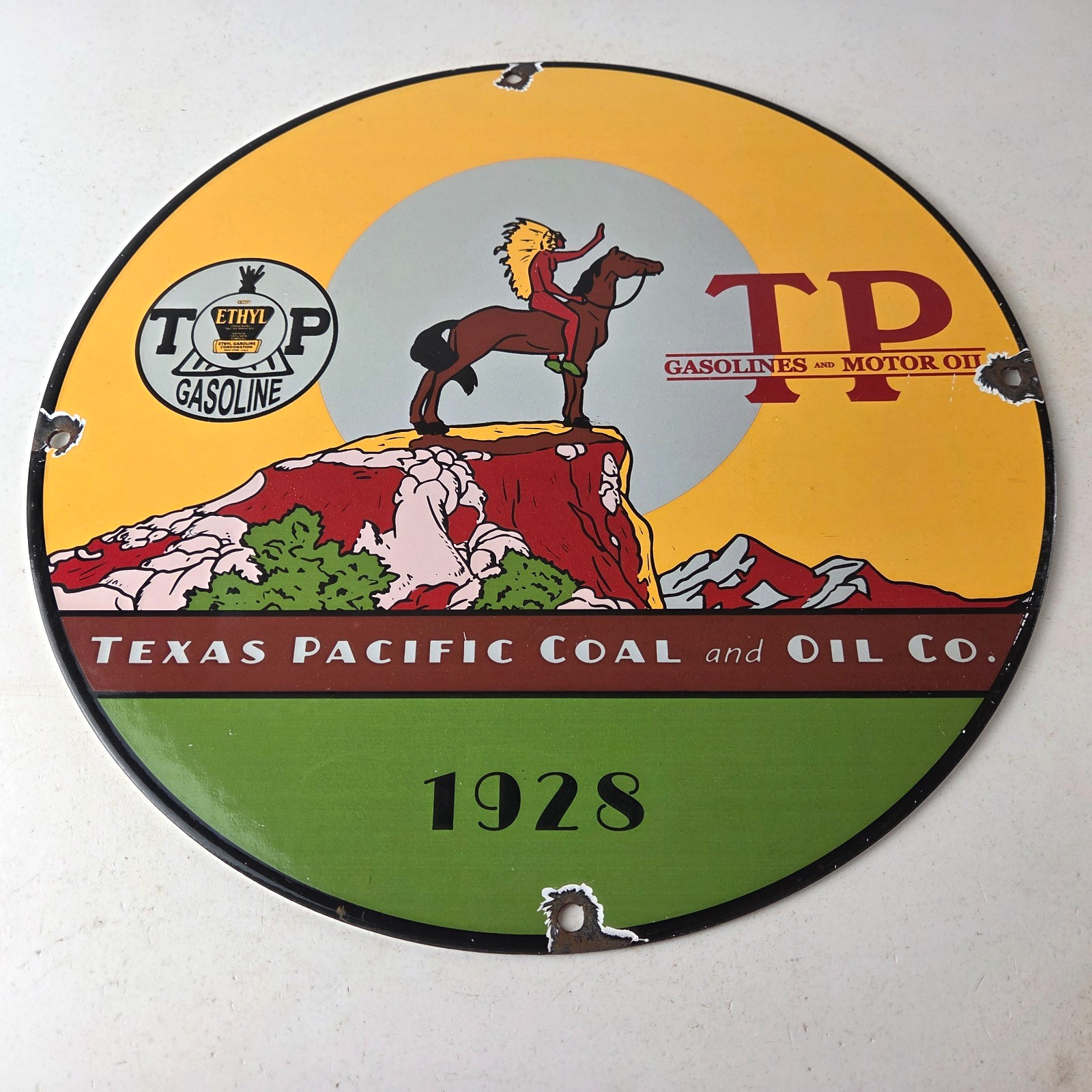 Vintage Texas Pacific Motor Oil Sign – Gas Pump Porcelain Service Station Sign