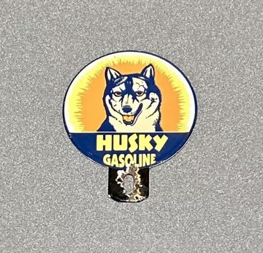 VINTAGE HUSKY DOG PLATE TOPPER PORCELAIN SIGN CAR GAS OIL TRUCK MOTORCYCLE