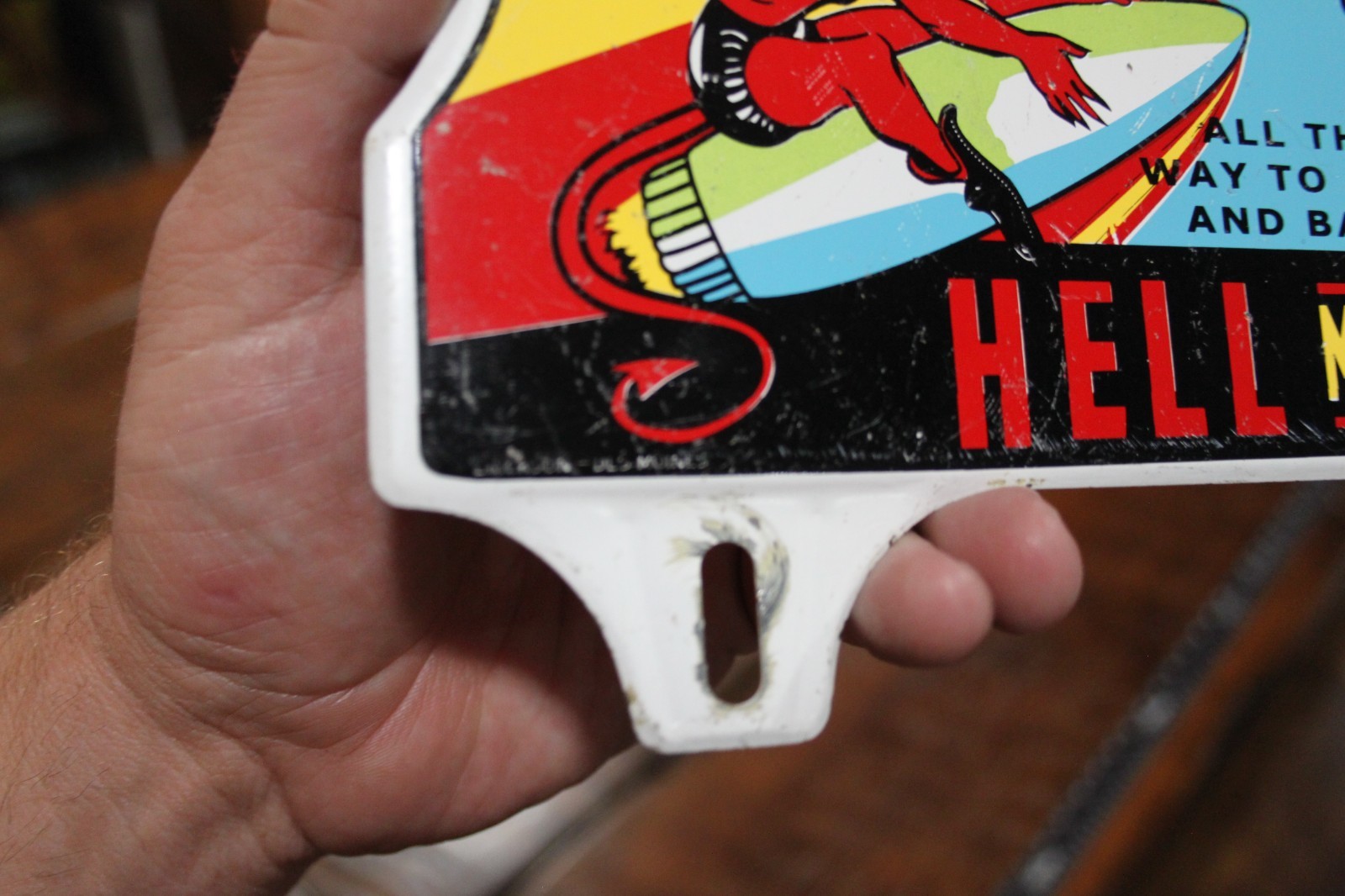 RARE 1950s HELL MICHIGAN SATAN ROCKET STAMPED PAINTED METAL PLATE TOPPER SIGN
