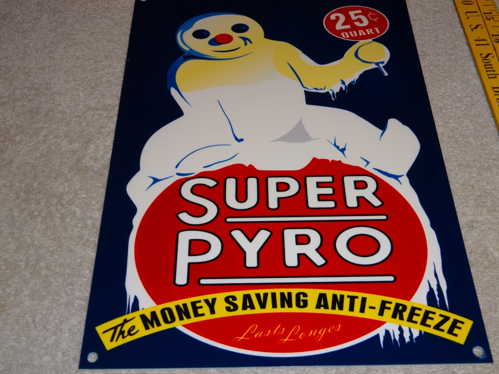 VINTAGE SUPER PYRO ANTI FREEZE WINTER SNOWMAN ⛄️ 12″ METAL GASOLINE & OIL SIGN!