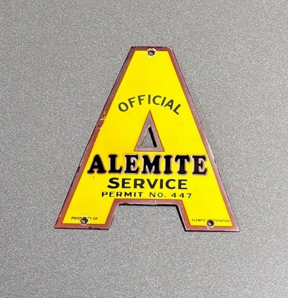 VINTAGE ALEMITE OFFICIAL SERVICE PORCELAIN SIGN CAR GAS TRUCK OIL MOTORCYCLE