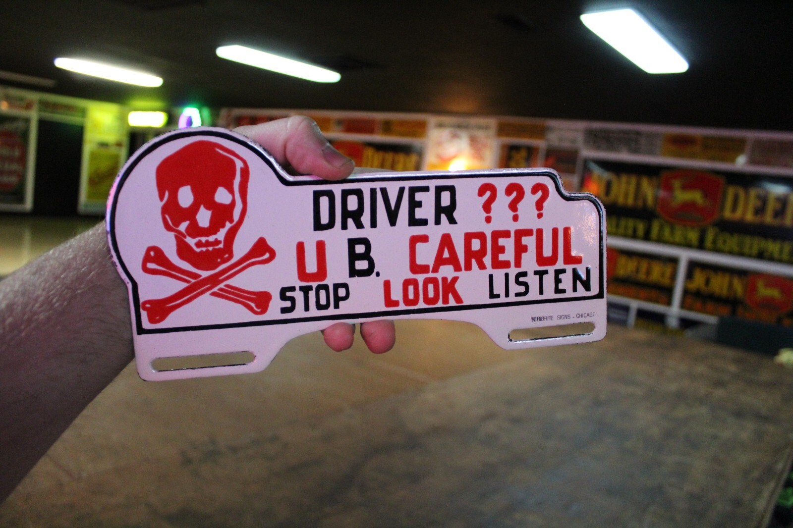 DRIVE U B CAREFUL STOP PORCELAIN METAL PLATE TOPPER SIGN SKULL CROSSBONES GAS