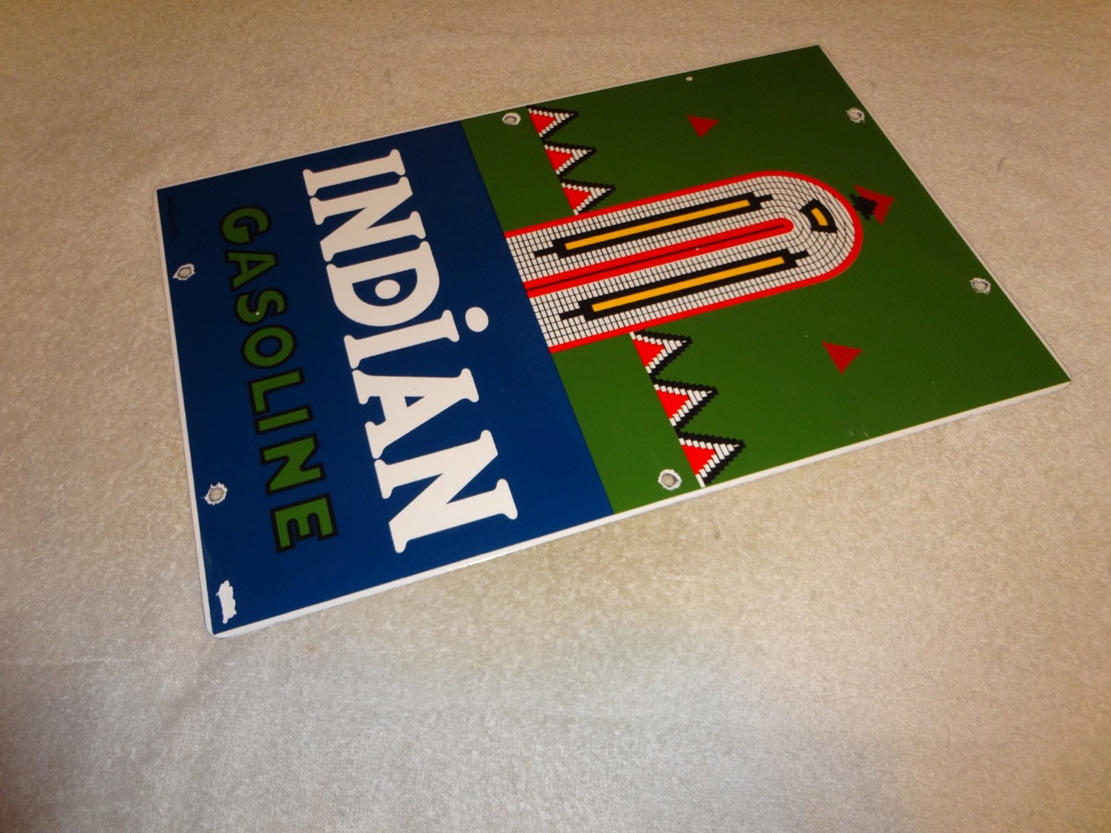 VINTAGE INDIAN GASOLINE 18″ PORCELAIN METAL MOTORCYCLE GAS & OIL PUMP PLATE SIGN