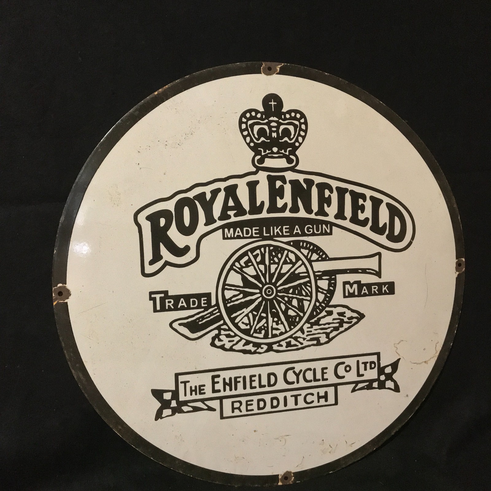 ROYAL ENFIELD REDDITCH ADVERTISING PORCELAIN ENAMEL SIGN 30 IN ROUND SS