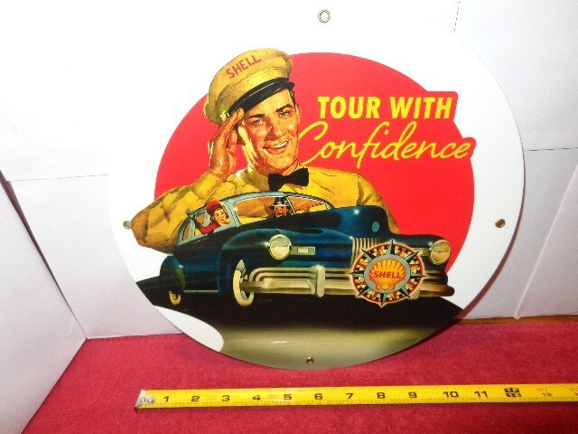 11 1/2 in SHELL GAS – TOUR WITH CONFIDENCE ADV. SIGN HEAVY METAL PORCELAIN #S126