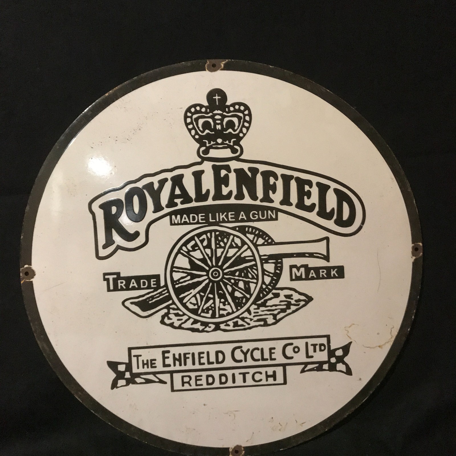 ROYAL ENFIELD REDDITCH ADVERTISING PORCELAIN ENAMEL SIGN 30 IN ROUND SS