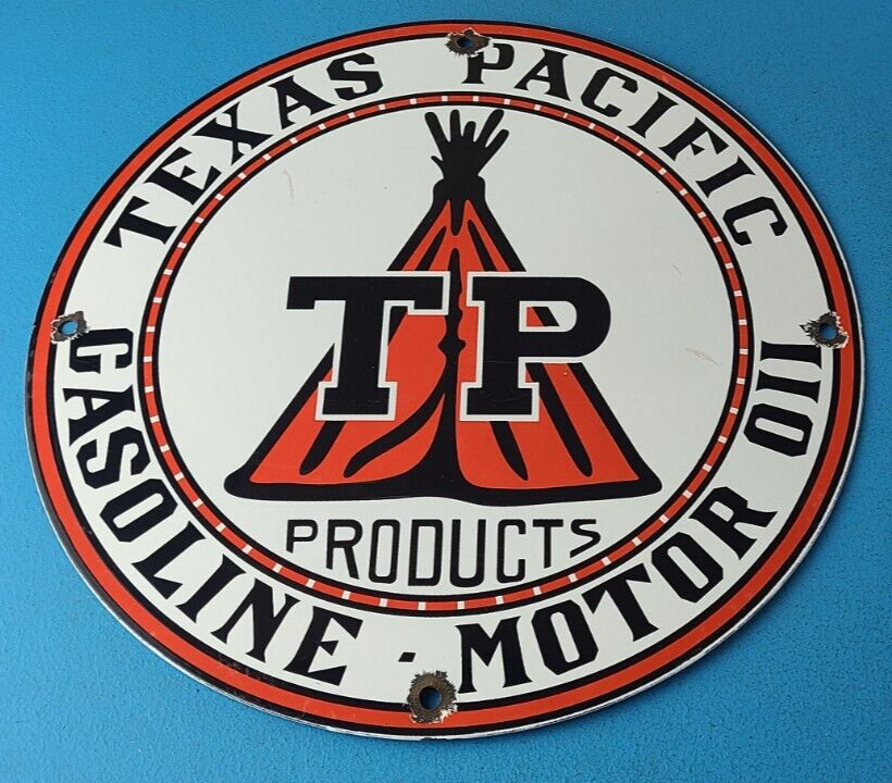 Vintage Texas Pacific Motor Oil Sign – Gas Pump Porcelain Service Station Sign