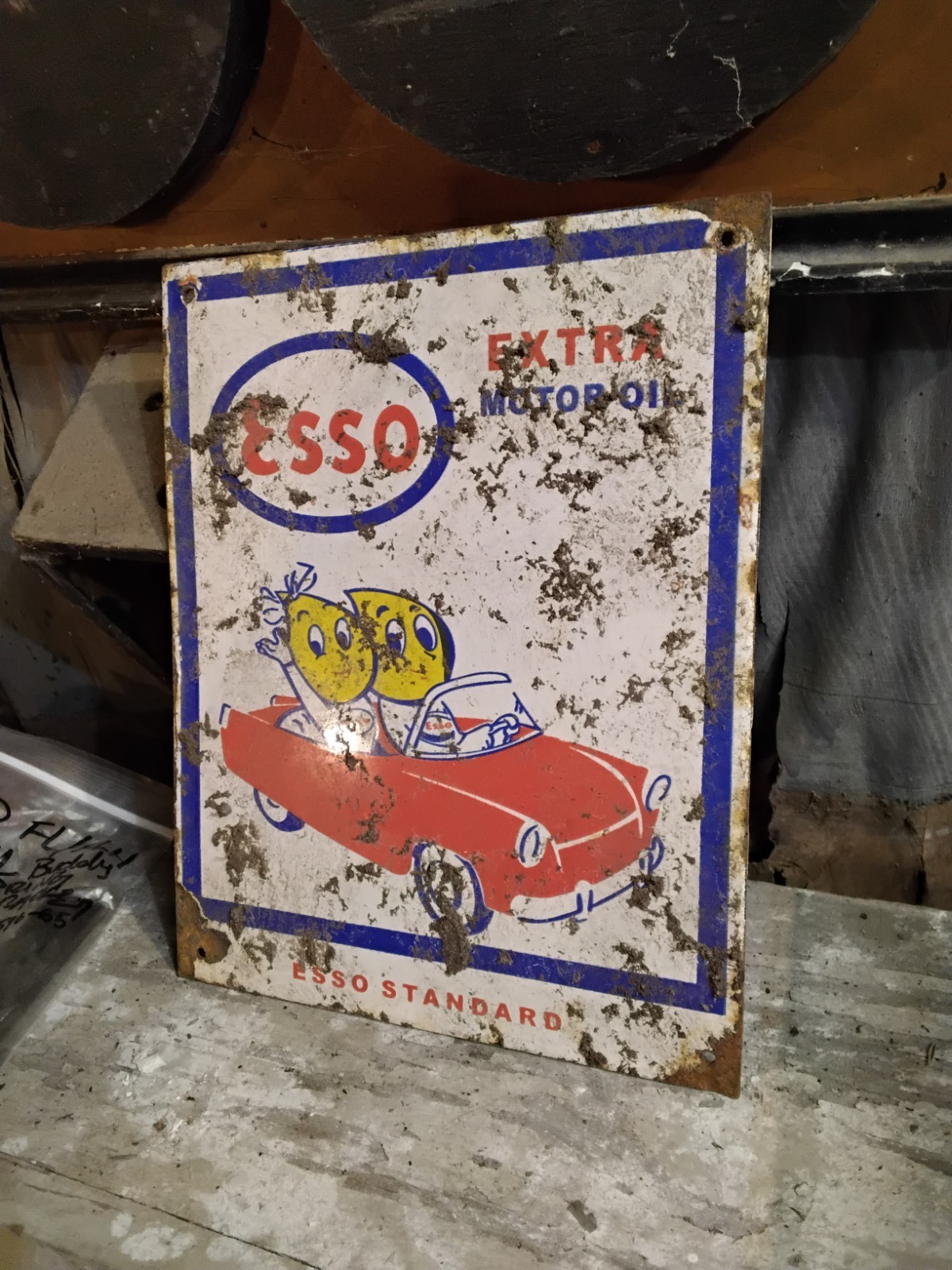 Porcelain Esso Car Drops Logo Sign Approx 10″x8″ Inches Over Steel Used Rust