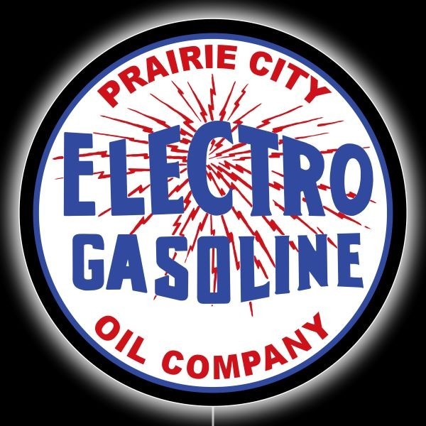 Prairie City Oil ELECTRO Gasoline NEW LED Hanging Lighted Sign: 23″ Dia. Round