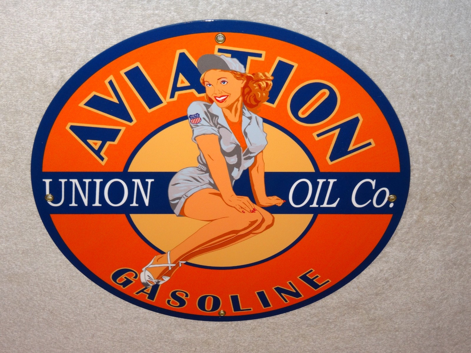 VINTAGE UNION AVIATION GASOLINE STATION +WOMAN 11 3/4″ PORCELAIN METAL OIL SIGN