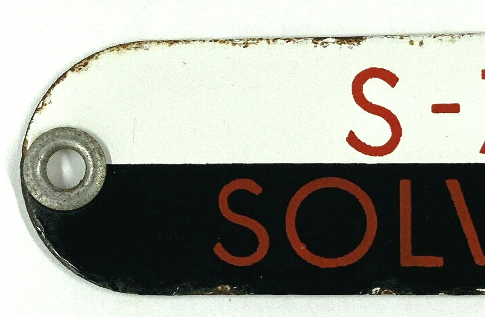 Vintage S-76 Solvent Porcelain Gas Fuel Oil Tag Sign Badge – Black, White & Red