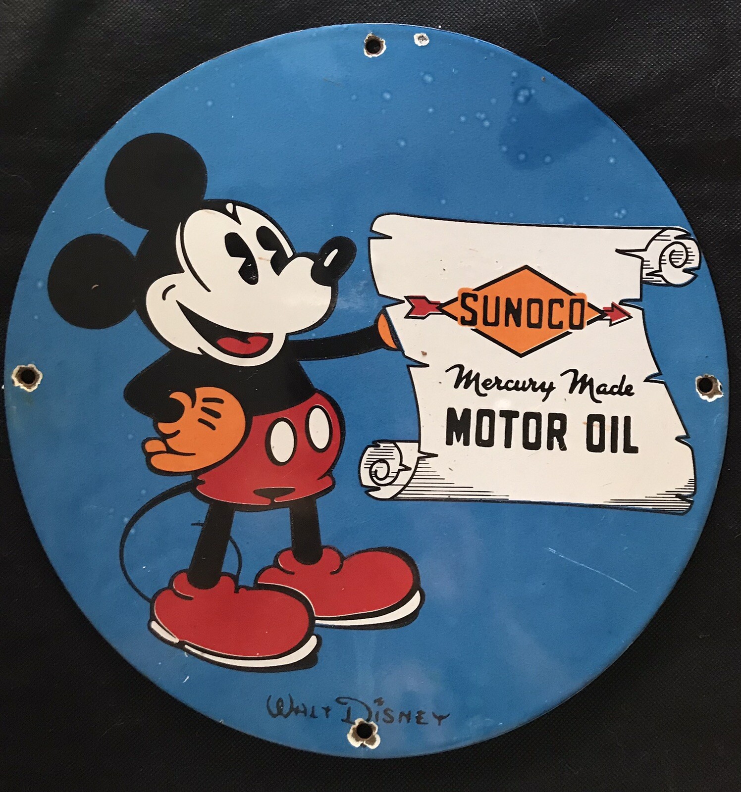 VINTAGE STYLE SUNOCO MOTOR OIL AND MICKEY GAS PUMP PLATE PORCELAIN 12 INCH ROUND