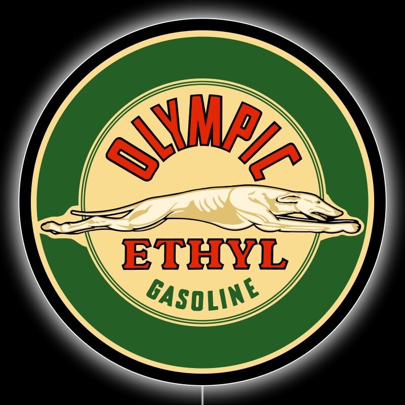 Olympic Gasoline – Greyhound Dog Theme LED Hanging Lighted Sign: 36″ Dia. Round