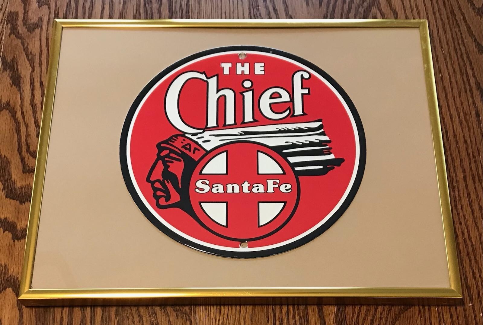 8.75″ THE INDIAN CHIEF SANTA FE RAILROAD ADVERTISING SIGN DIE CUT METAL FRAMED