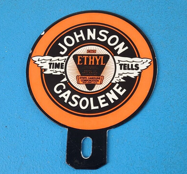 Vintage Johnson Gasoline Sign Topper – Porcelain License Plate Gas Auto Topper