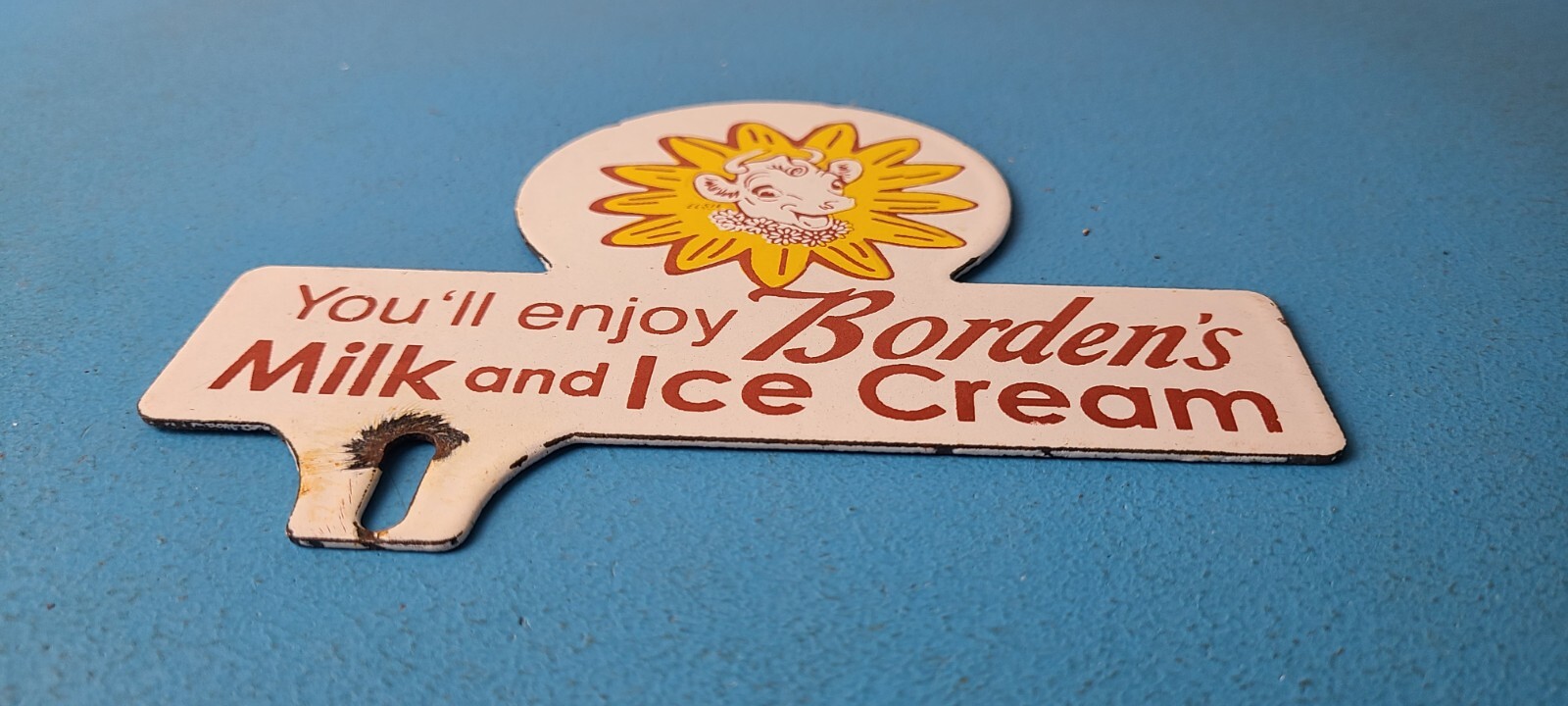 Vintage Bordens Ice Cream Milk Sign Topper – Gas Porcelain License Plate Topper