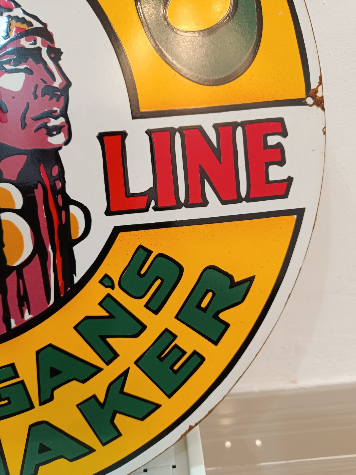 NO PORCELAIN Musgo Gasoline Gas Michigan’s Mile Maker ENAMEL SIGN 50 Cm diameter