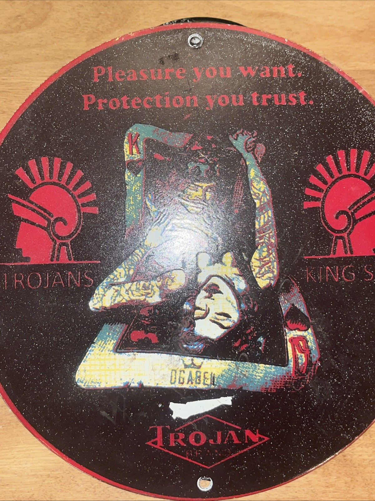VINTAGE TROJAN KING SIZE CONDUM METAL 10” ROUND SIGN PLAYING CARDS KING & QUEEN