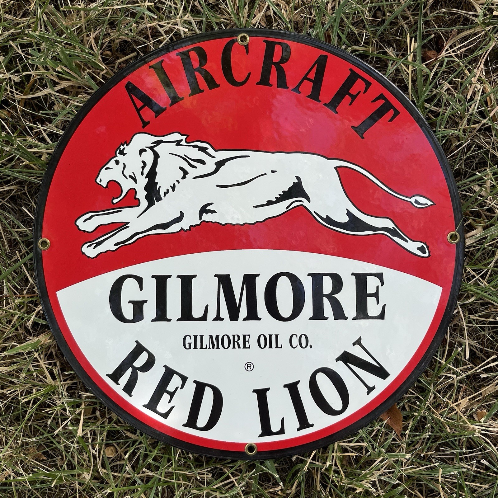 Vintage GILMORE OIL CO Red Lion Aircraft Porcelain Metal Sign round enamel