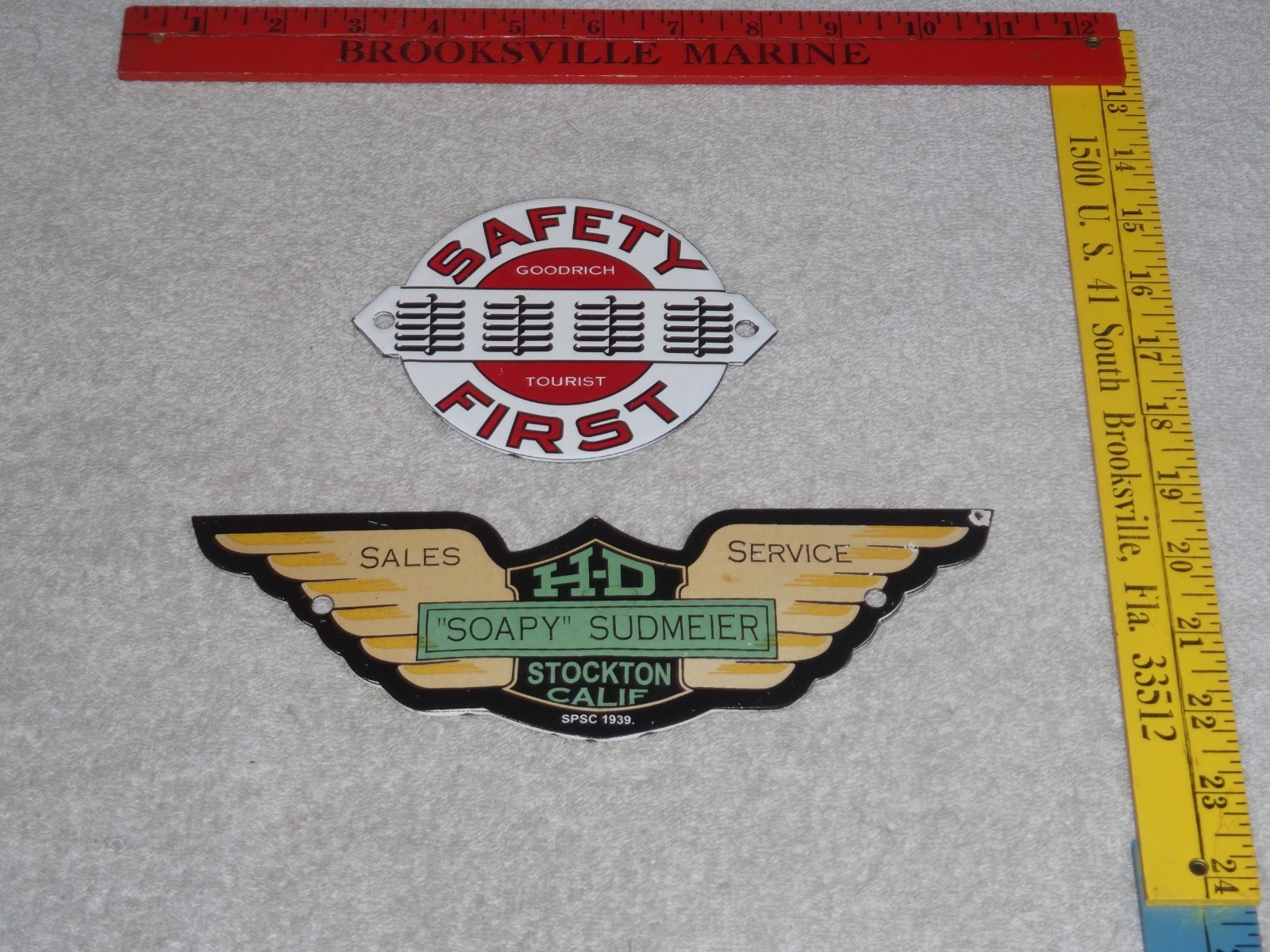 VINTAGE PORCELAIN SIGN LOT OF 2 B F GOODRICH TIRES +HARLEY DAVIDSON GASOLINE OIL
