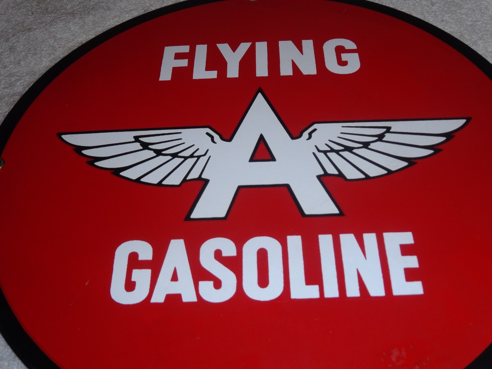VINTAGE FLYING A GASOLINE “A” WITH WINGS 11″ PORCELAIN METAL OIL PUMP PLATE SIGN