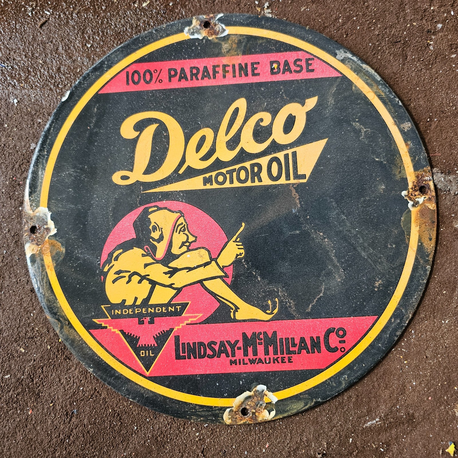 VINTAGE DELCO INDEPENDENT BASE GASOLINE OIL GAS PUMP ENAMEL PORCELAIN SIGN