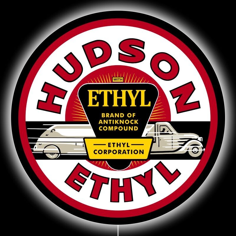 Hudson Gasoline with Ethyl LED Hanging Lighted Sign: 36″ Diameter Round