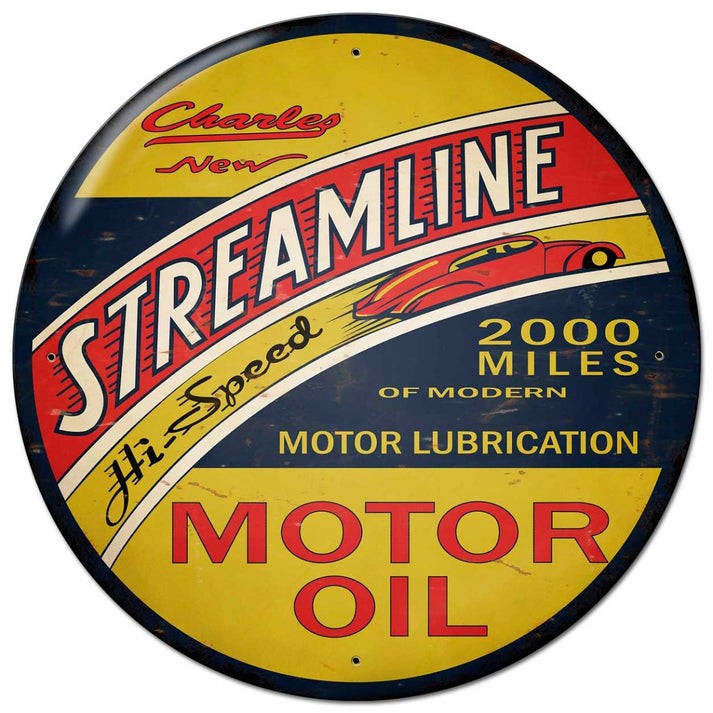 STREAMLINE MOTOR OIL CLASSIC CAR 28″ ROUND HEAVY DUTY USA METAL ADVERTISING SIGN