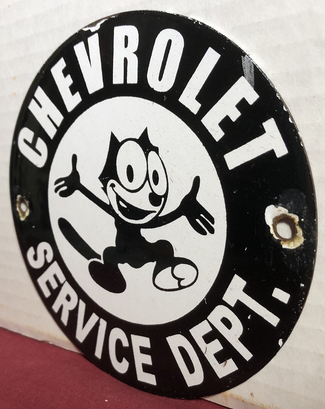 VINTAGE CHEVROLET 6”PORCELAIN SIGN FELIX THE CAT CHEVY CAR TRUCK DEALER USA
