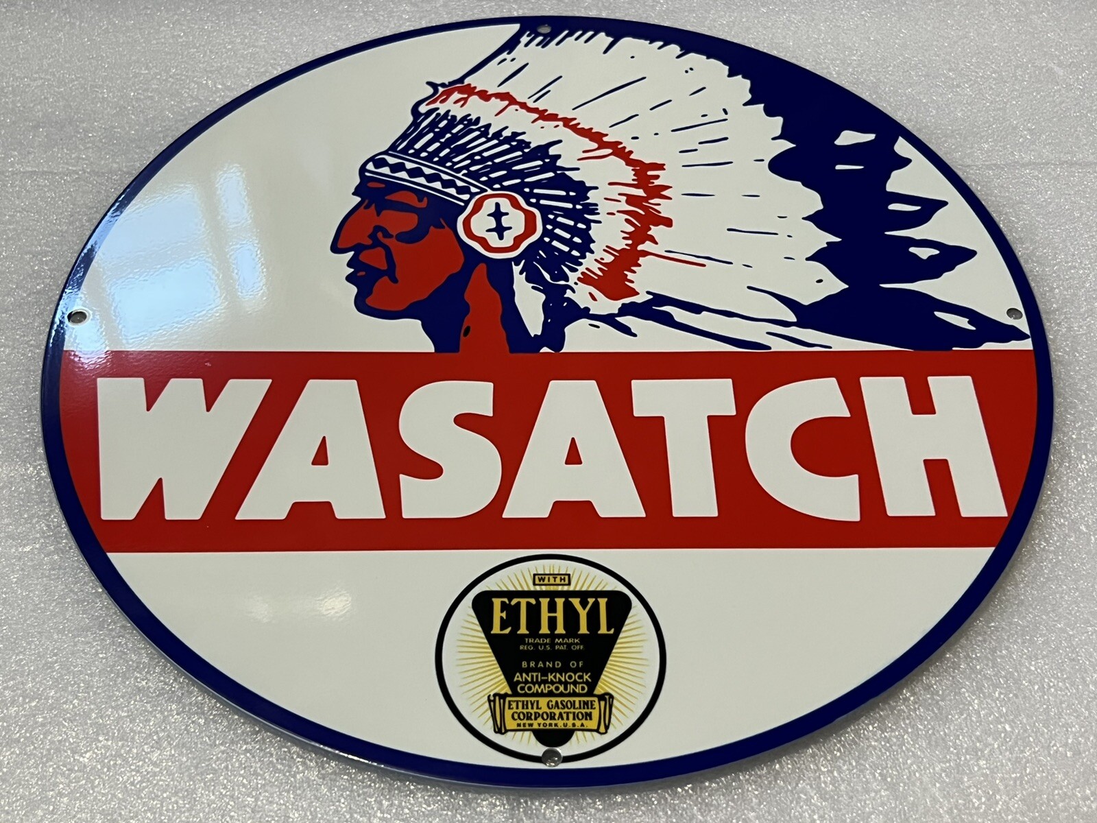 12in WASATCH indian ETHYL Gasoline Motor Oil Vintage Style Heavy Steel Sign