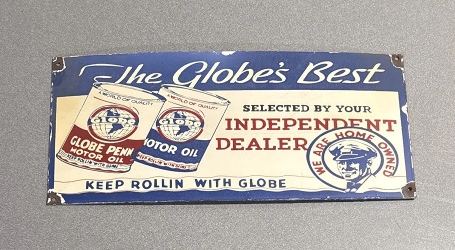 VINTAGE 18” GLOBE MOTOR PORCELAIN SIGN CAR GAS TRUCK OIL MOTORCYCLE