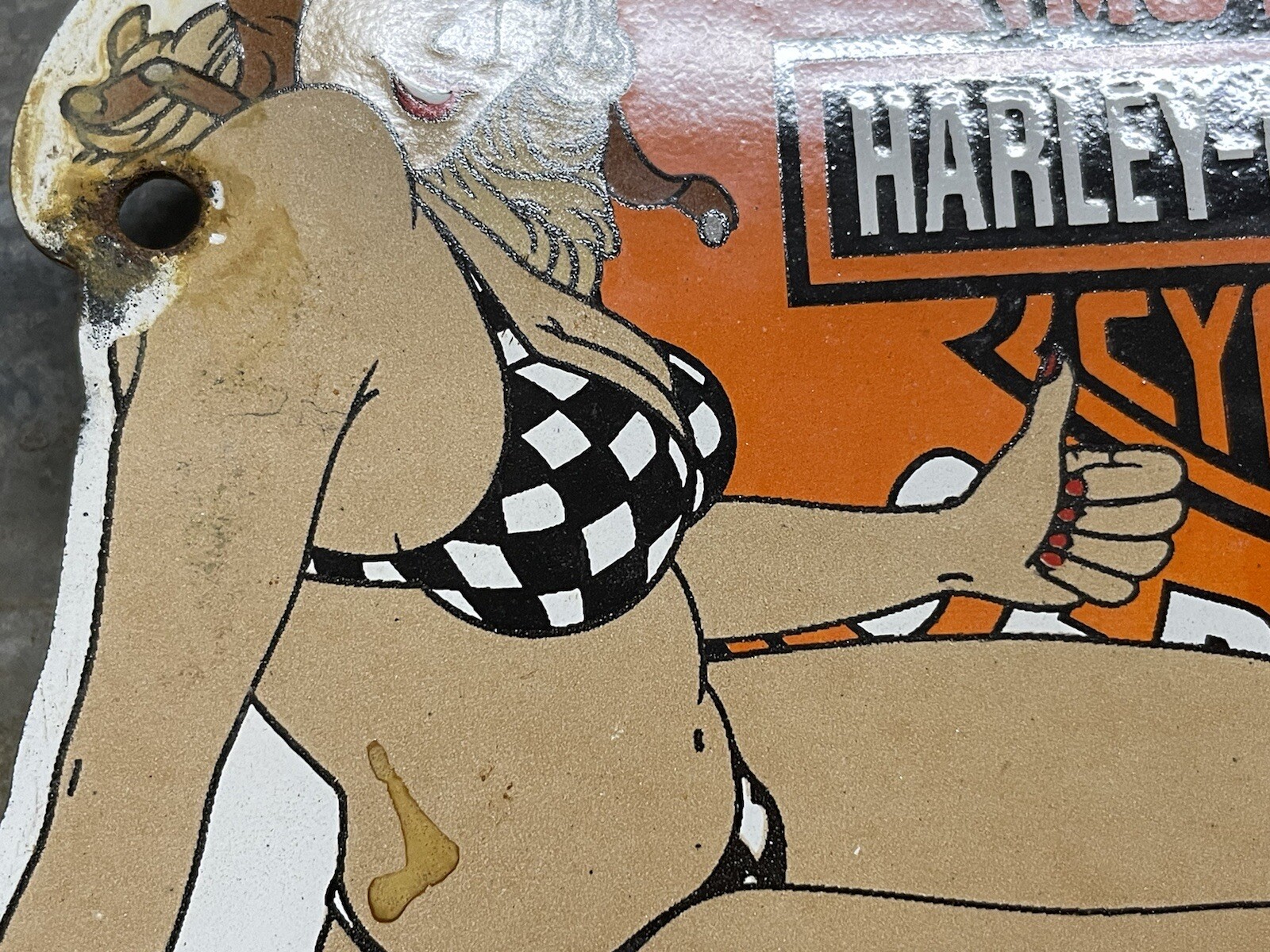 VINTAGE MOTORCYCLE PORCELAIN HARLEY DAVIDSON SIGN SALES GIRL SERVICE GAS PUMP