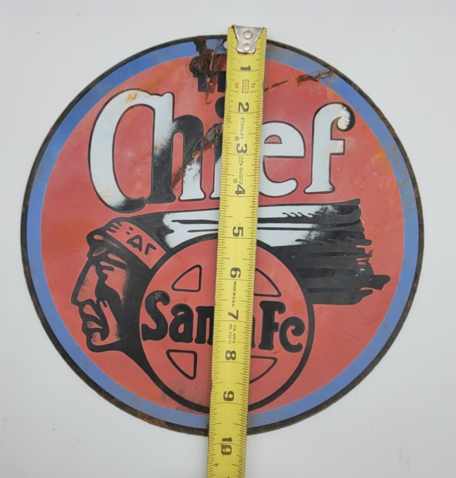 Vintage The Chief Santa Fe Railroad Railway Rustic Porcelain Enameled Metal Sign