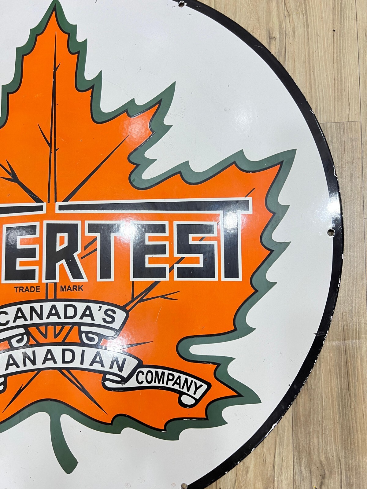 CANADA’S SUPERTEST 30 INCH DIAMETER PORCELAIN ENAMEL SIGN SINGLE SIDED