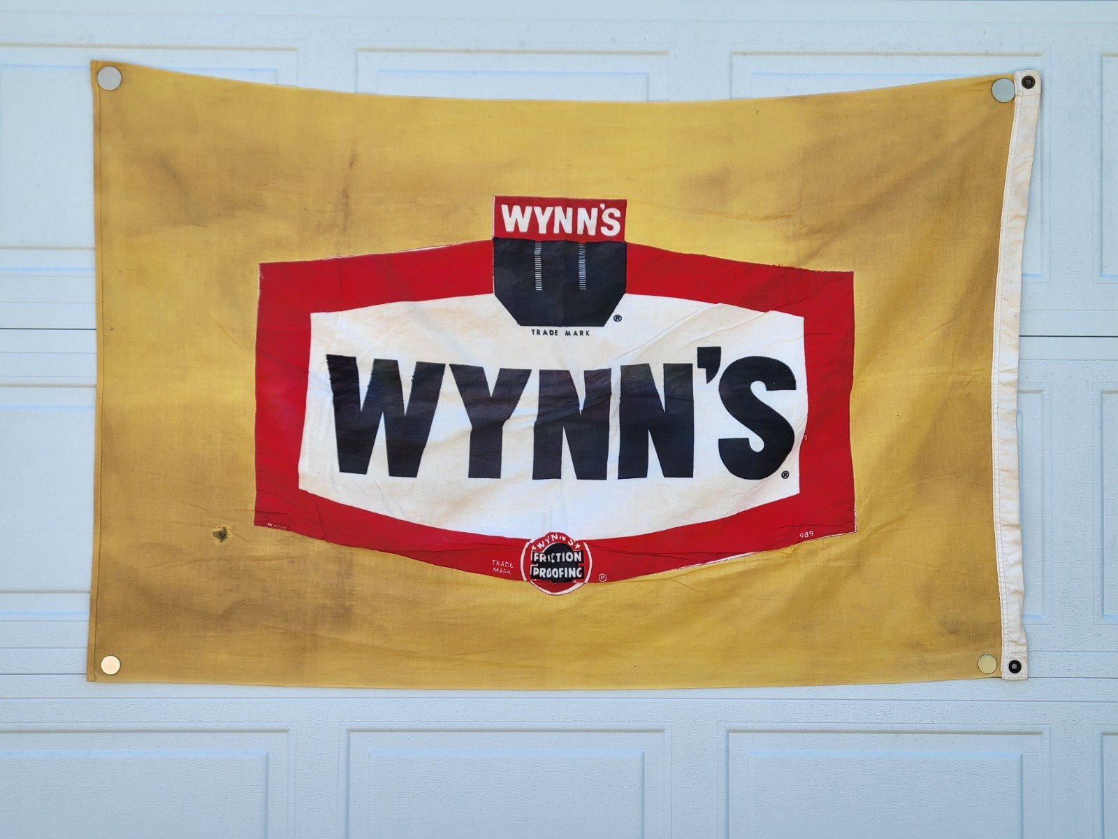 Vintage 1950s Wynn’s Friction Proofing Duck Cloth Racing Flag Sign Electro Cali