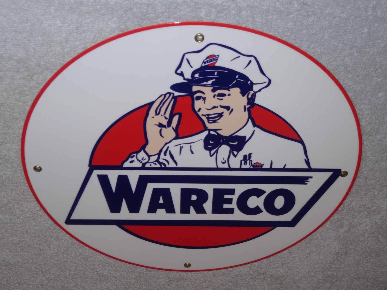 VINTAGE WARECO GAS SERVICE STATION MAN 11 3/4″ PORCELAIN METAL GASOLINE OIL SIGN