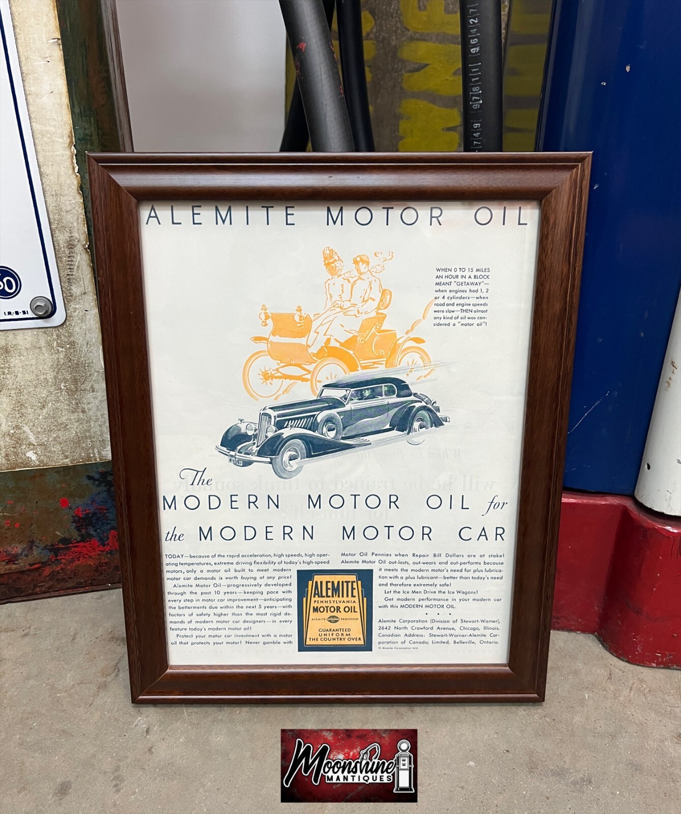 1930’s ALEMITE MOTOR OIL Wood Framed Print Ad – Gas & Oil Sign