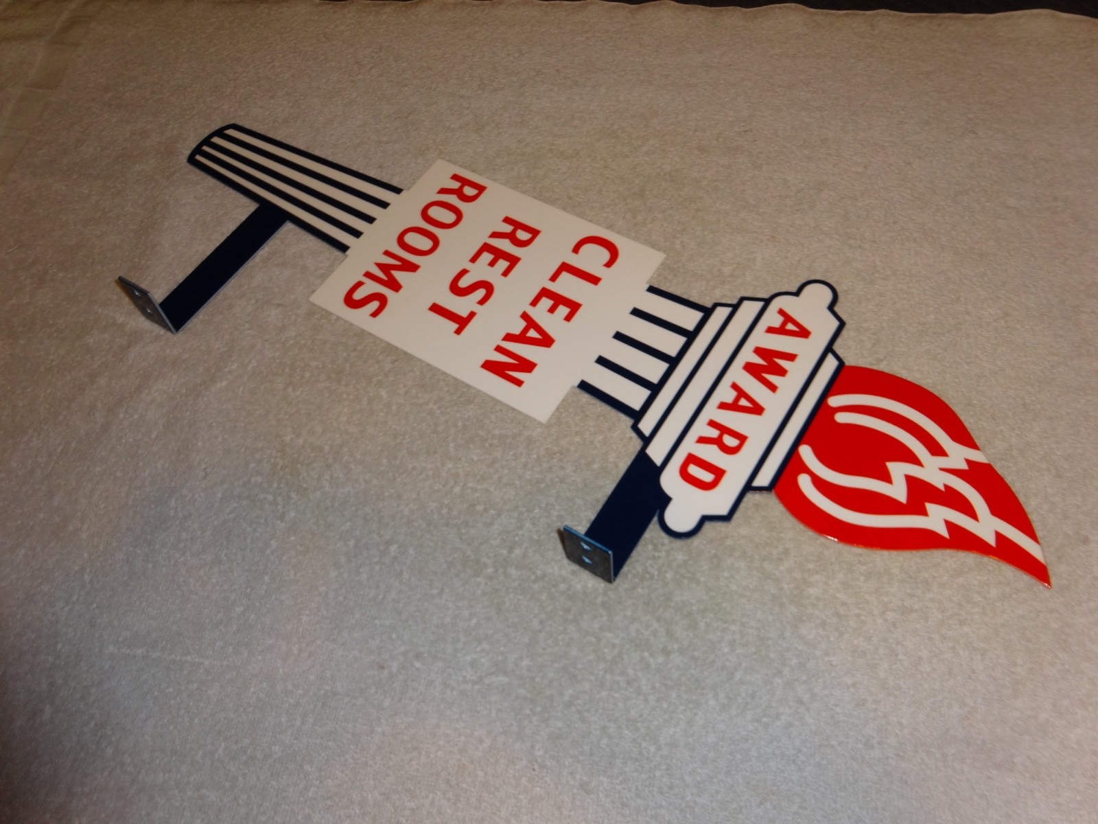VINTAGE STANDARD GASOLINE TORCH CLEAN RESTROOM HUGE 2′ METAL AWARD BATHROOM SIGN