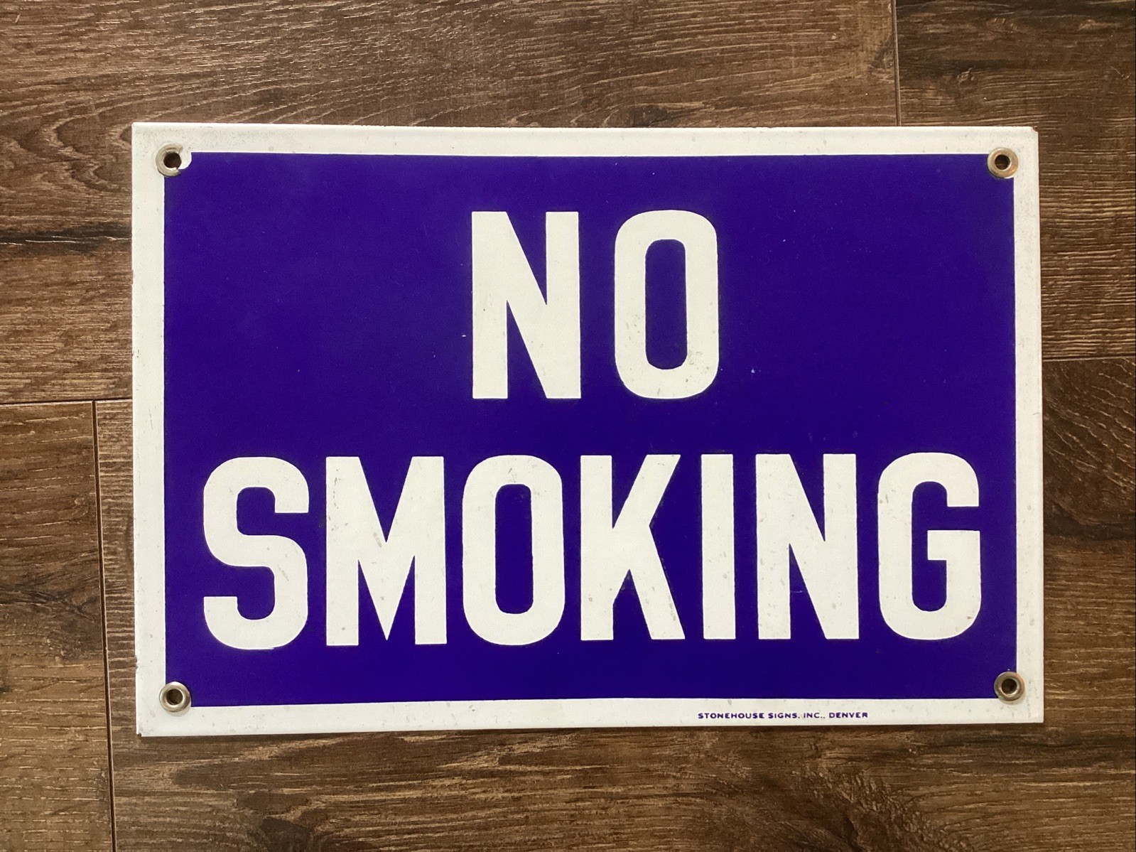 Enamel Metal No Smoking Sign 8X12” Cobalt Blue & White Oil Gas Stonehouse