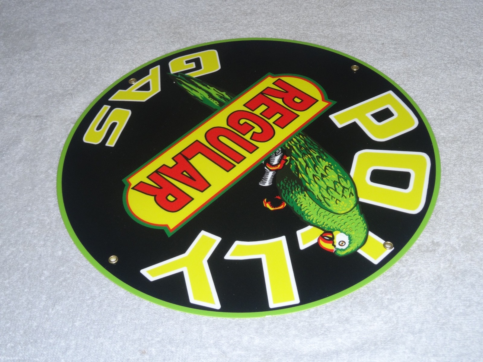 VINTAGE POLLY REGULAR GAS PARROT 🦜 11 3/4″ PORCELAIN METAL GASOLINE & OIL SIGN